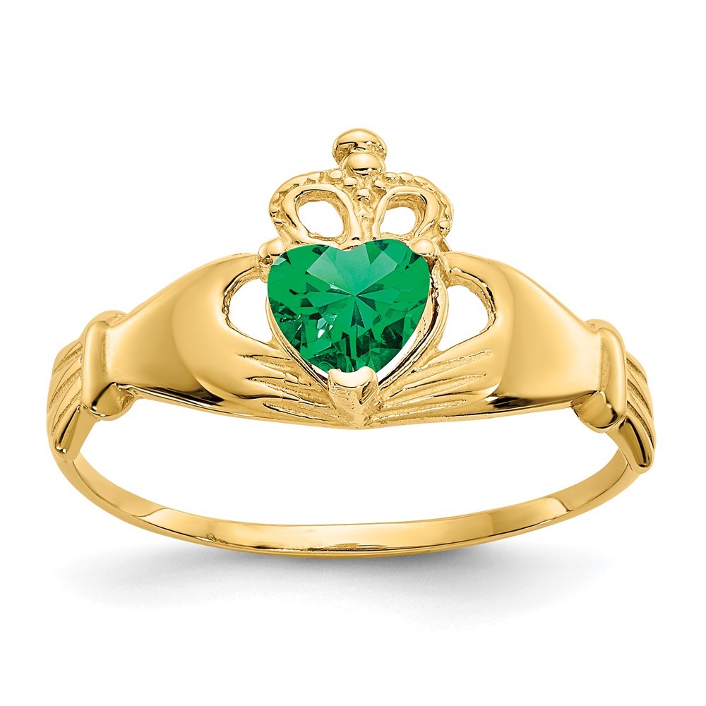 14k Gold Genuine CZ May Birthstone Claddagh Heart Ring, Size 7